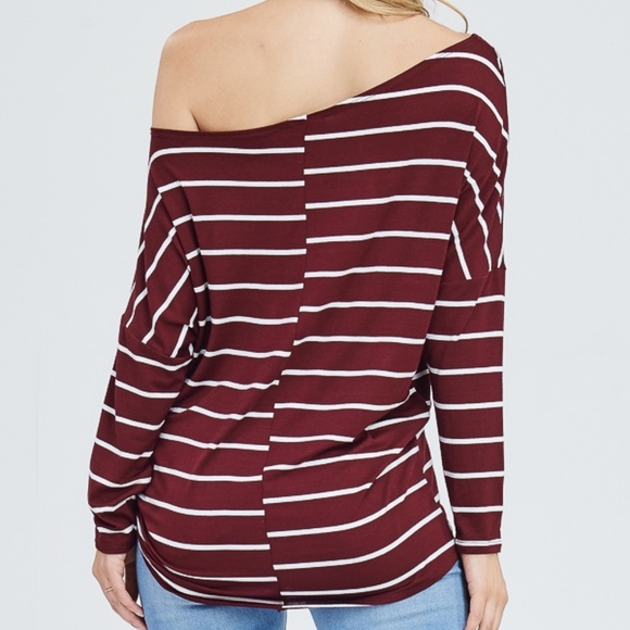 Burgundy Off Shoulder Striped Top - Picture 5 of 7